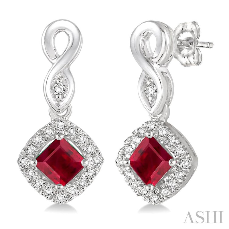 Davis Classics 14k White Gold Cushion-Cut Ruby and Diamond Halo Drop Earrings