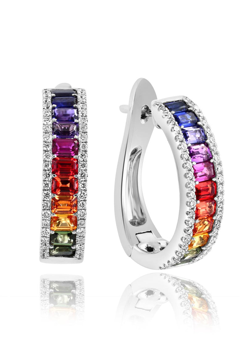 Davis Classics 14k White Gold Multi-Color Sapphire and Diamond Hoop Earrings