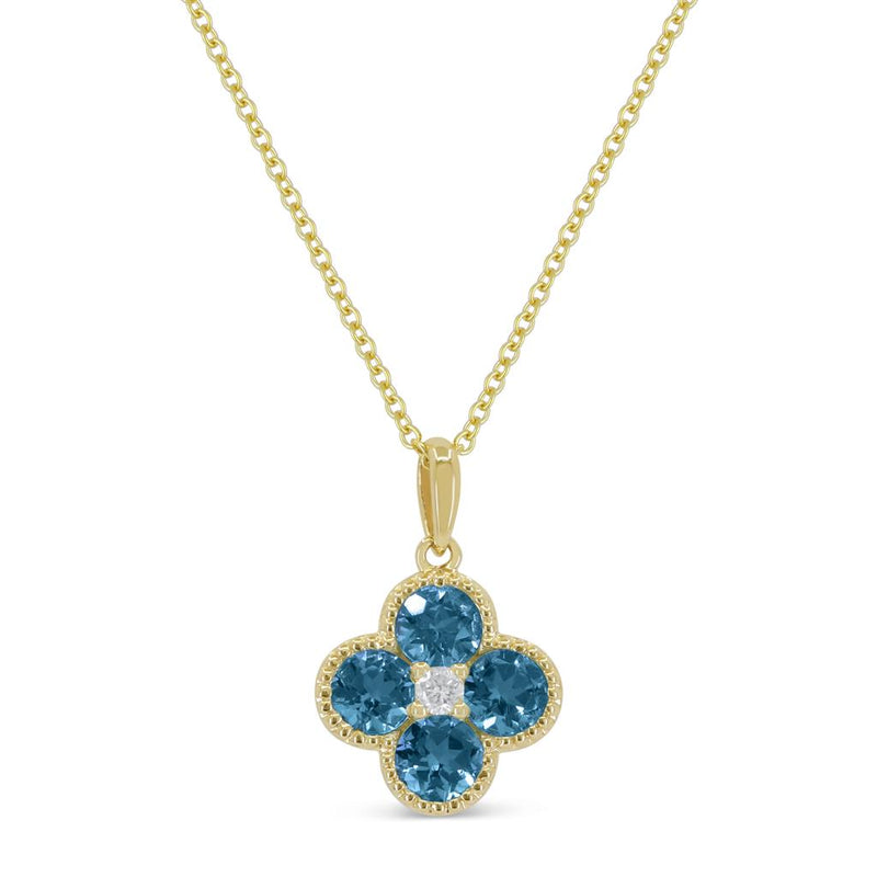 Madison L 
14k Yellow Gold Clover Design Light Blue Topaz and Diamond Pendant Necklace