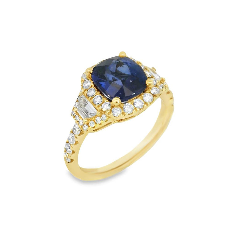 Davis Classics 18k Yellow Gold Blue Sapphire and Diamond Cushion Halo Ring