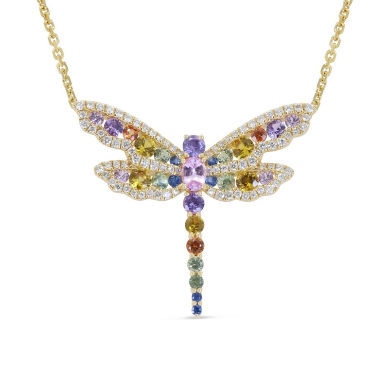 Madison L 14k Yellow Gold Dragonfly Multi-Colored Sapphire and Diamond Pendant Necklace