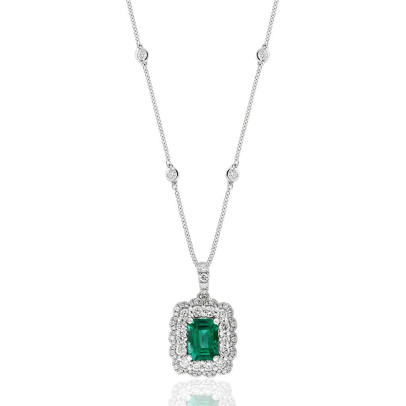 Davis Classics 18k White Gold Diamond by the Yard Double Halo Emerald Pendant Necklace