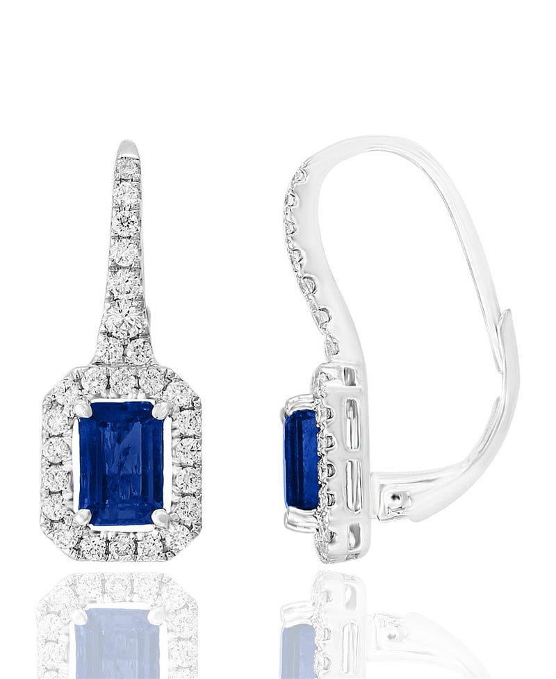 Davis Classics 18k White Gold Ceylon Blue Sapphire and Diamond Halo Drop Earrings