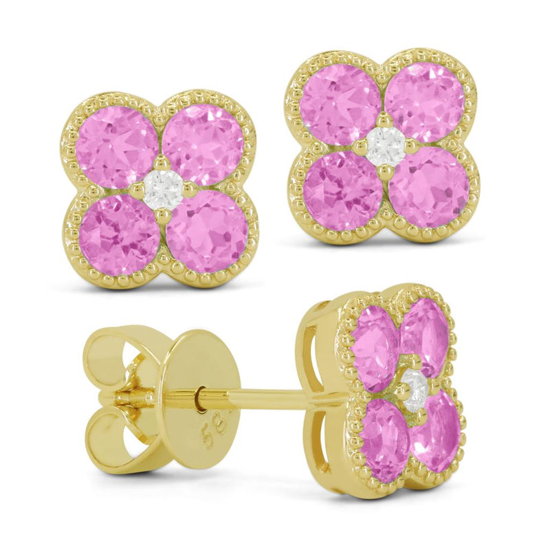 Madison L 14k Yellow Gold Clover Design Laboratory-Created Pink Sapphire and Diamond Stud Earrings