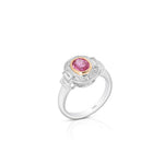 Yael 18k White and Rose Gold Art Deco Pink Sapphire and Diamond Halo Ring