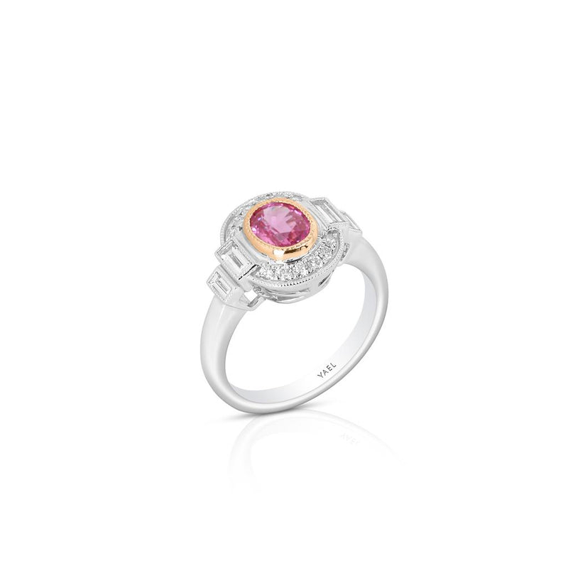 Yael 18k White and Rose Gold Art Deco Pink Sapphire and Diamond Halo Ring