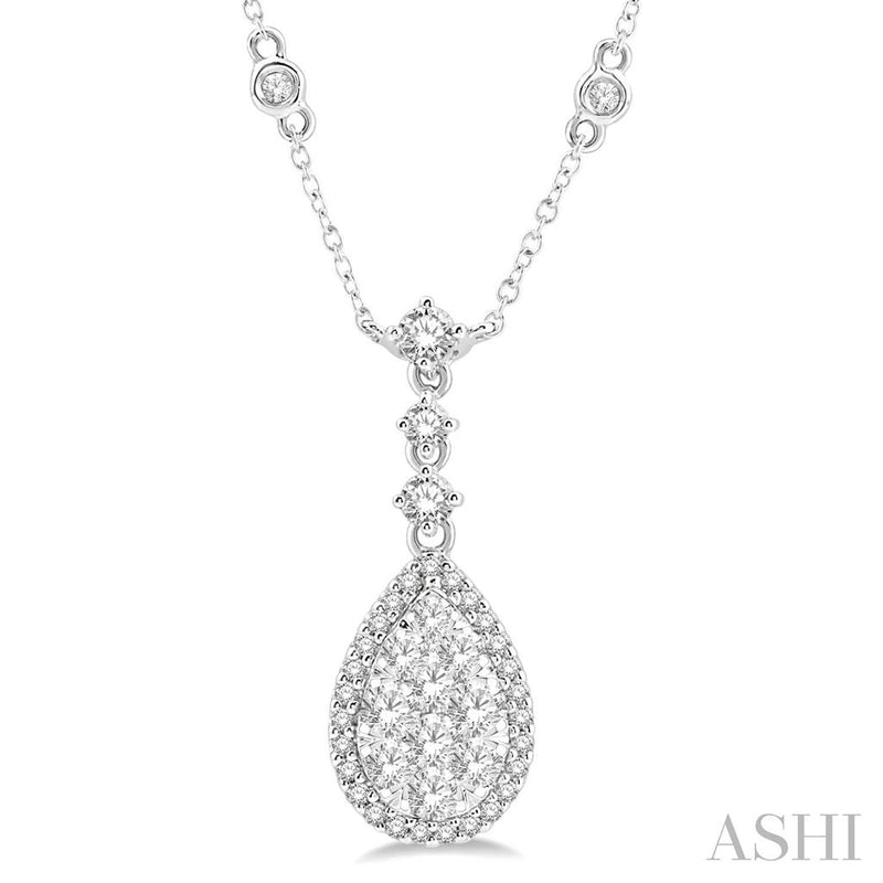 Davis Classics 14k White Gold Diamond by the Yard Pear Halo Pendant Necklace