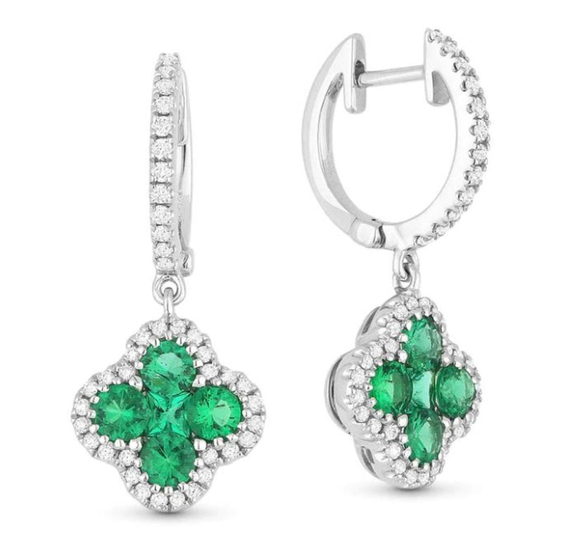 Madison L 18k White Gold Arianna Collection Clover Halo Design Emerald and Diamond Drop Earrings