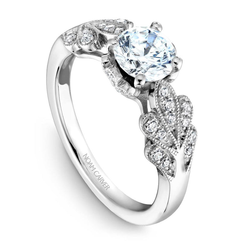 Noam Carver 14k White Gold Vintage Style Floral Design Engagement Ring Setting with Milgrain Detail