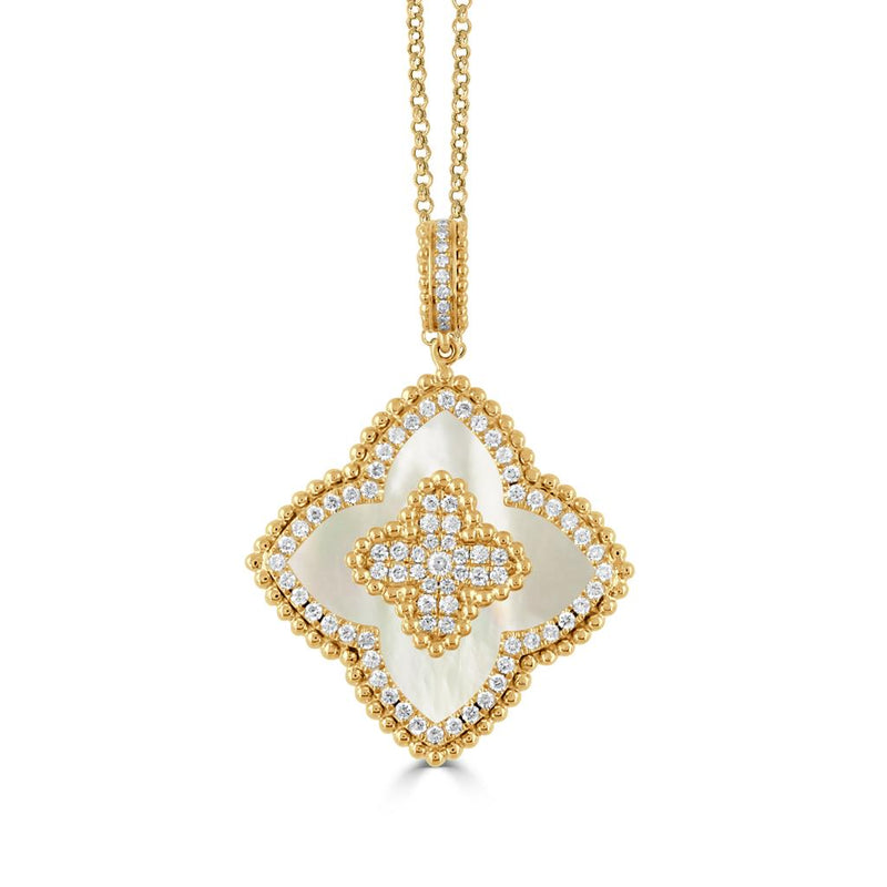 Doves 18k Yellow Gold Byzantine Collection Clover Design Diamond Pendant with Mother of Pearl