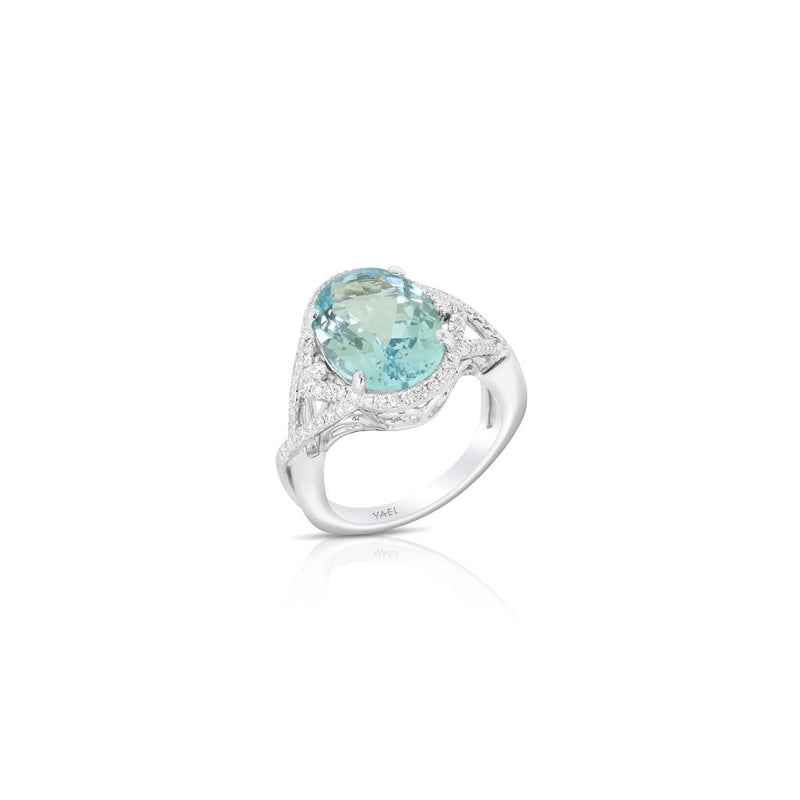 Yael Designs 18k White Gold Aquamarine and Diamond Halo Fashion Ring