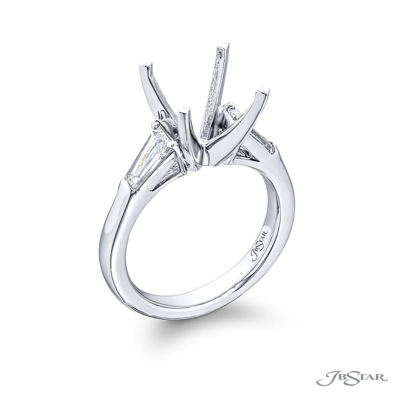 JB Star Platinum Three-Stone Engagement Ring with Tapered Baguette Cut Diamonds