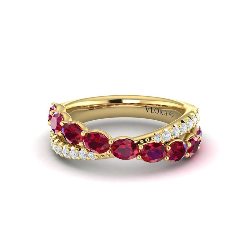 Vlora 14k Yellow Gold Crossover Design Mozambique Ruby and Diamond Ring