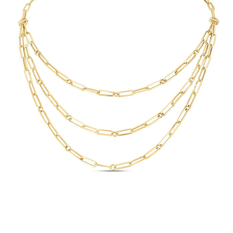 Roberto Coin 18k Yellow Gold Designer Gold Collection Triple Strand Paperclip Chain Link Bib Necklace