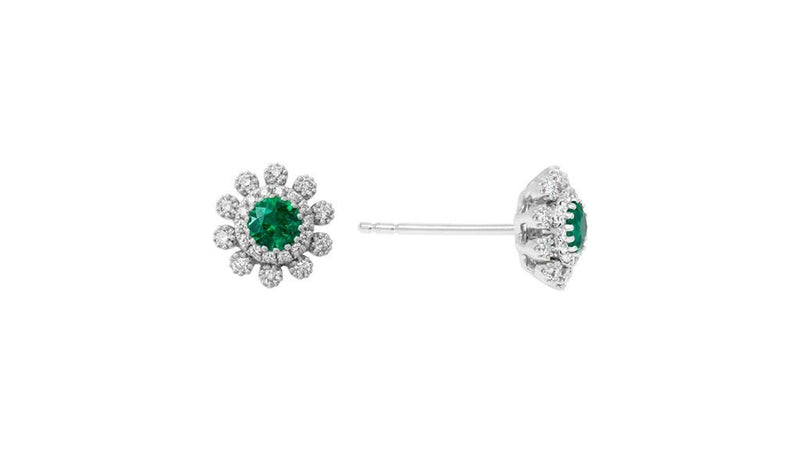 Davis Classics 14k White Gold Emerald and Diamond Floral Halo Stud Earrings