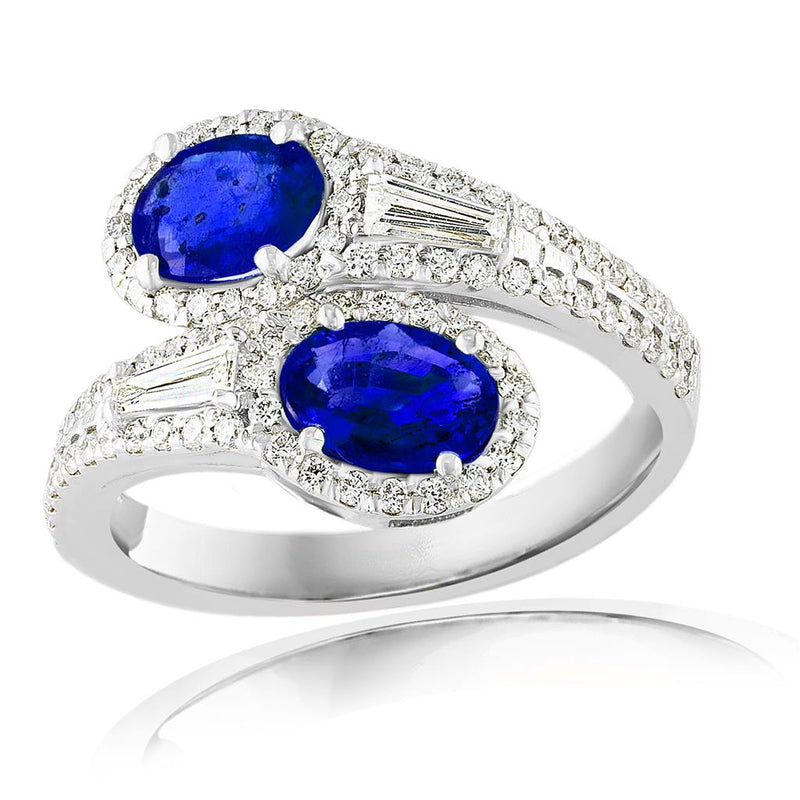 Davis Classics 18k White Gold Ceylon Blue Sapphire and Diamond Halo Bypass Ring