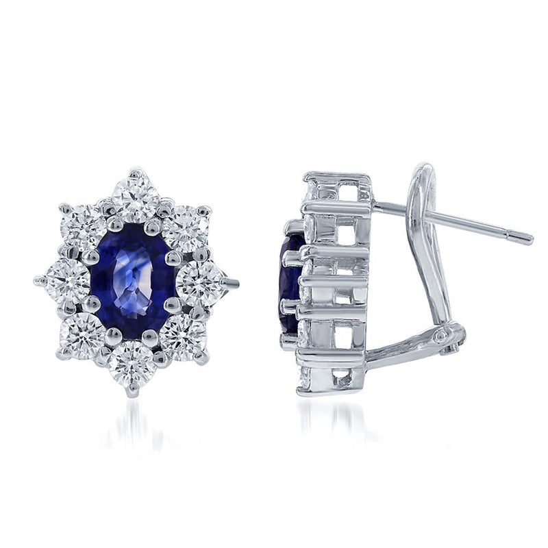 Davis Classics 14k White Gold Floral Halo Ceylon Blue Sapphire and Diamond Stud Earrings