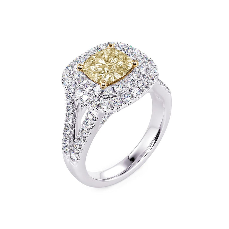 Davis Classics Proposal-Ready 18K White Gold Double Cushion Halo Fancy Yellow Diamond Engagement Ring