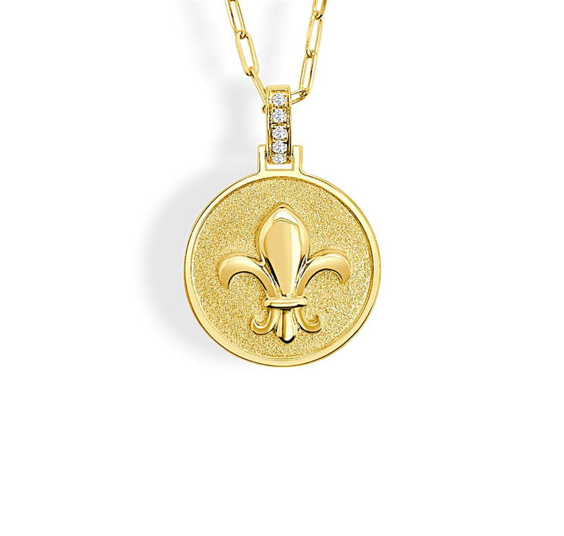 Frederic Sage 14k Yellow Gold Happy Collection Fleur-de-Lis Diamond Disc Pendant Necklace