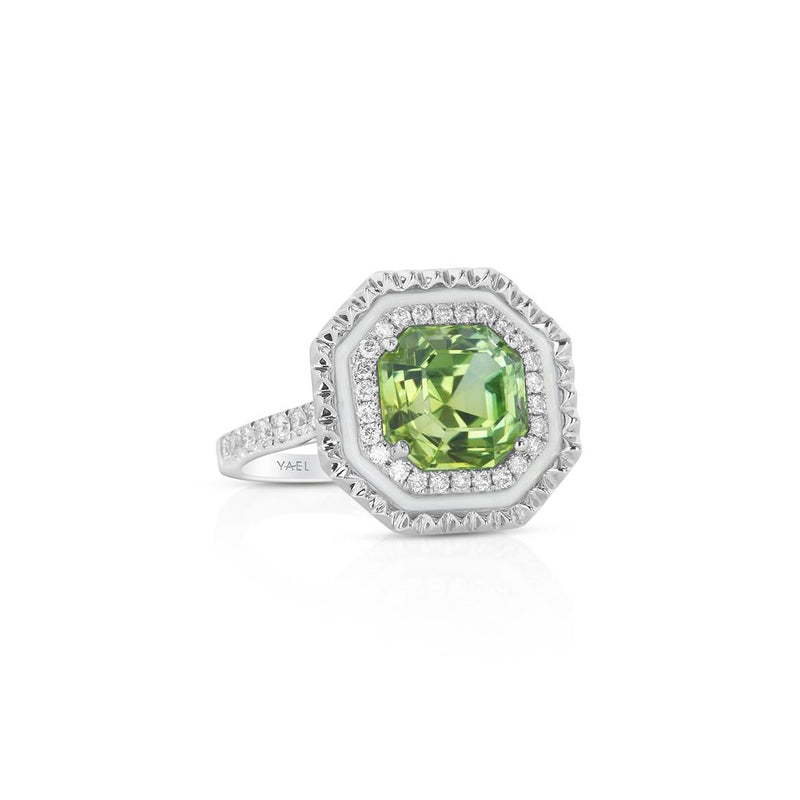 Yael Designs 18k White Gold Mint Tourmaline and Diamond Art Deco Halo Ring