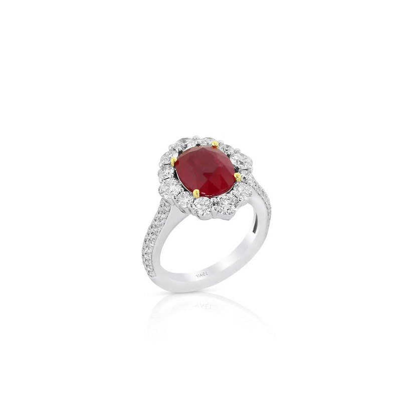 Yael Designs 18k White and Yellow Gold Ruby and Diamond Floral Halo Fashion Ring