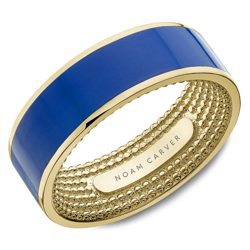 Noam Carver 14k Yellow Gold 8mm Comfort Fit Wedding Band with Inlaid Blue Enamel and High Polish Edges