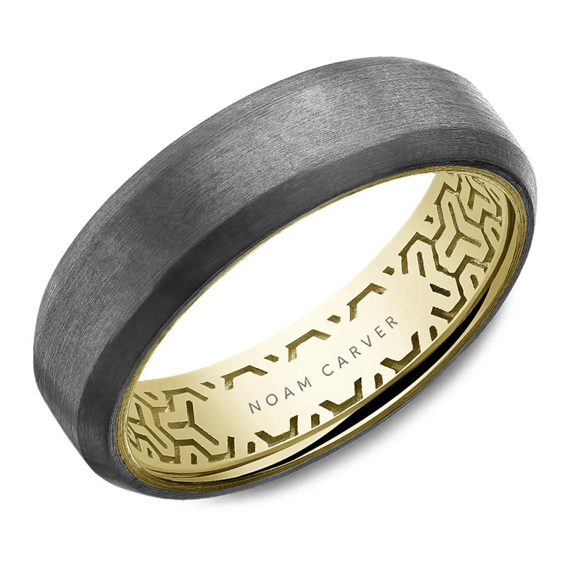 Noam Carver Grey Tantalum 6.5mm Comfort Fit Wedding Band with Sandpaper Finish and 14k Yellow Gold Egyptian Pattern Interior