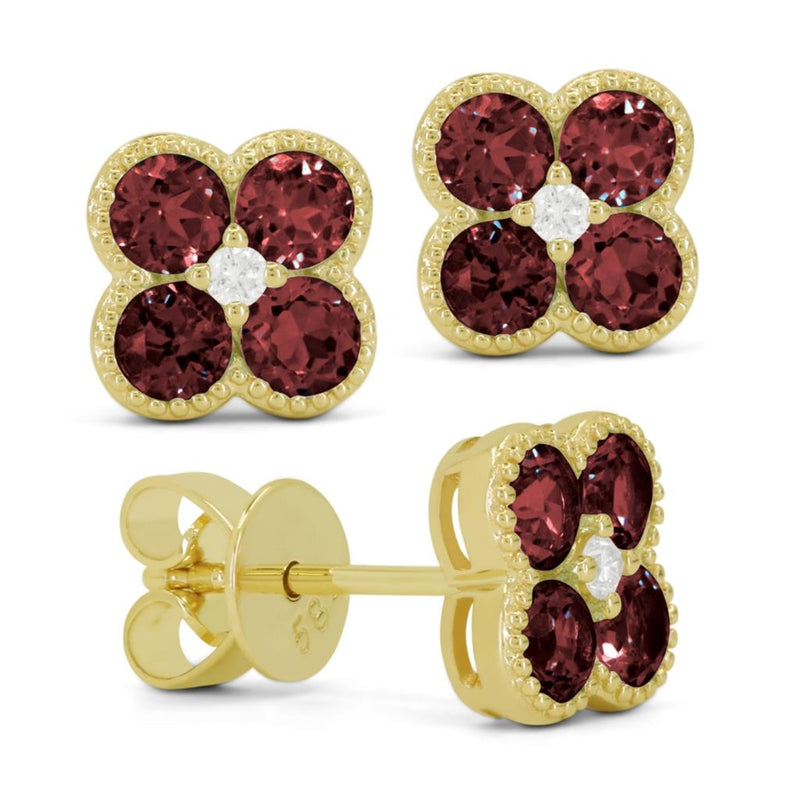 Madison L 14k Yellow Gold Clover Design Garnet Stud Earrings with Milgrain Detail