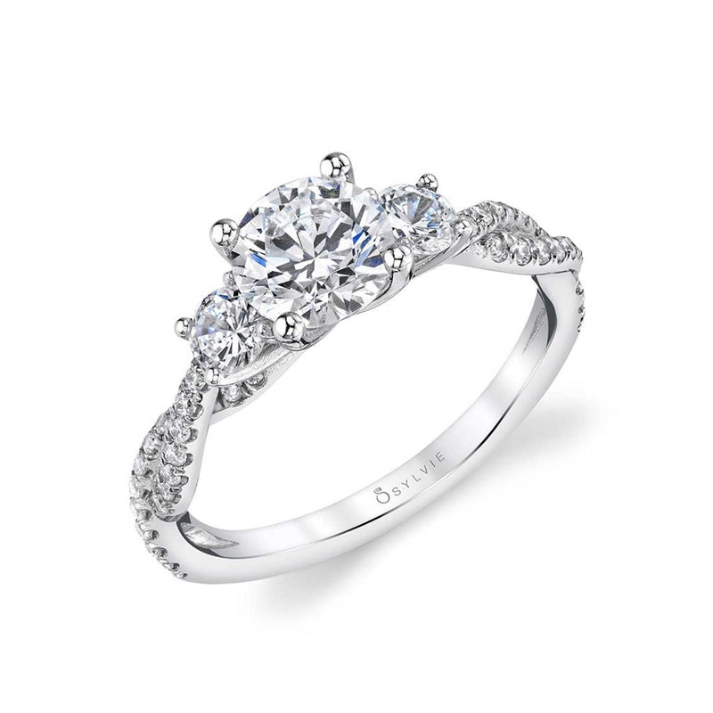 Sylvie 14k White Gold Three-Stone Style Engagement Ring Setting with Crossover Shank