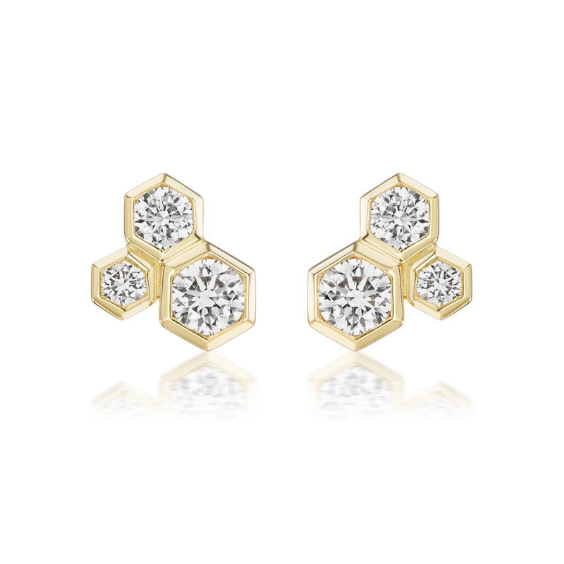 Davis Classics 18k Yellow Gold Hex Broadway Collection Diamond Cluster Stud Earrings