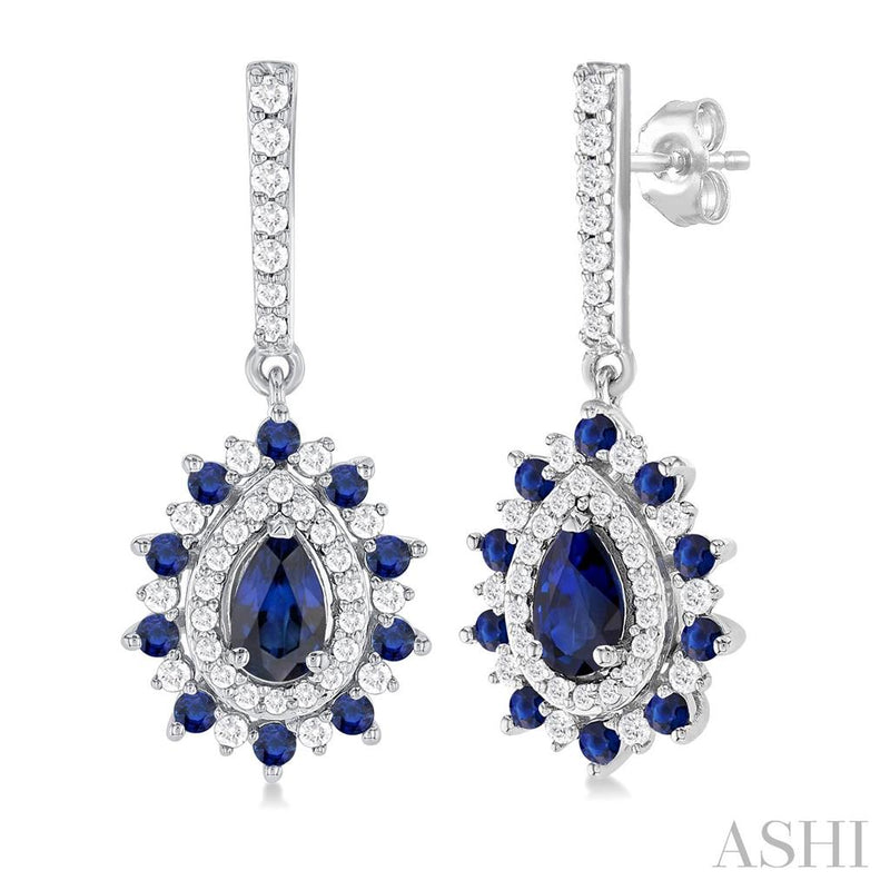 Davis Classics 14k White Gold Vintage-Inspired Double Halo Sapphire and Diamond Drop Earrings