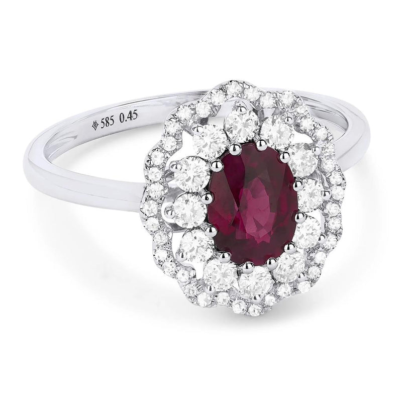 Madison L 14k White Gold Floral Style Halo Design Ruby Fashion Ring