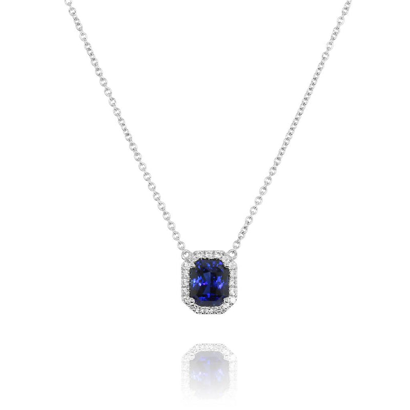 Yael 18k White Gold Diamond by the Yard Blue Sapphire Halo Pendant Necklace