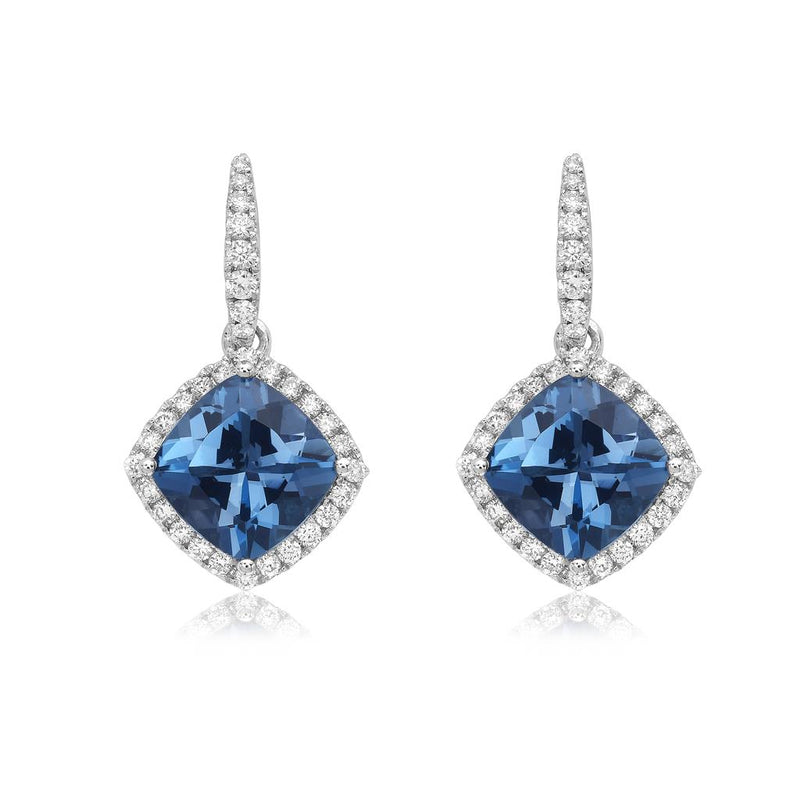 Charles Krypell 18k White Gold London Blue Topaz, Sapphire, and Diamond Halo Drop Earrings