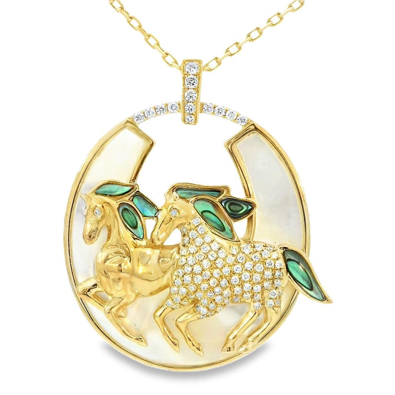 Frederic Sage 14k White and Yellow Gold Diamond, Mother of Pearl, and Abalone Horseshoe and Stallion Pendant