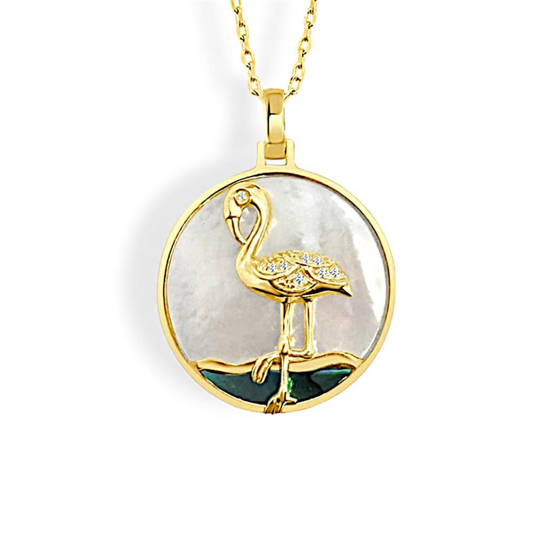 Frederic Sage 14k Yellow Gold Happy Collection Abalone and Mother of Pearl Flamingo Pendant Necklace