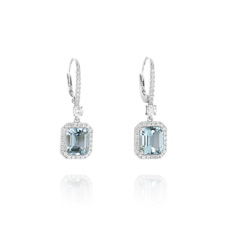 Yael Designs 18k White Gold Aquamarine and Diamond Halo Drop Earrings