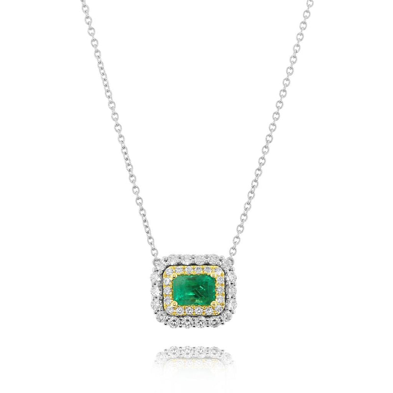 Yael Designs 18k White and Yellow Gold Emerald and Diamond Double Halo Pendant Necklace