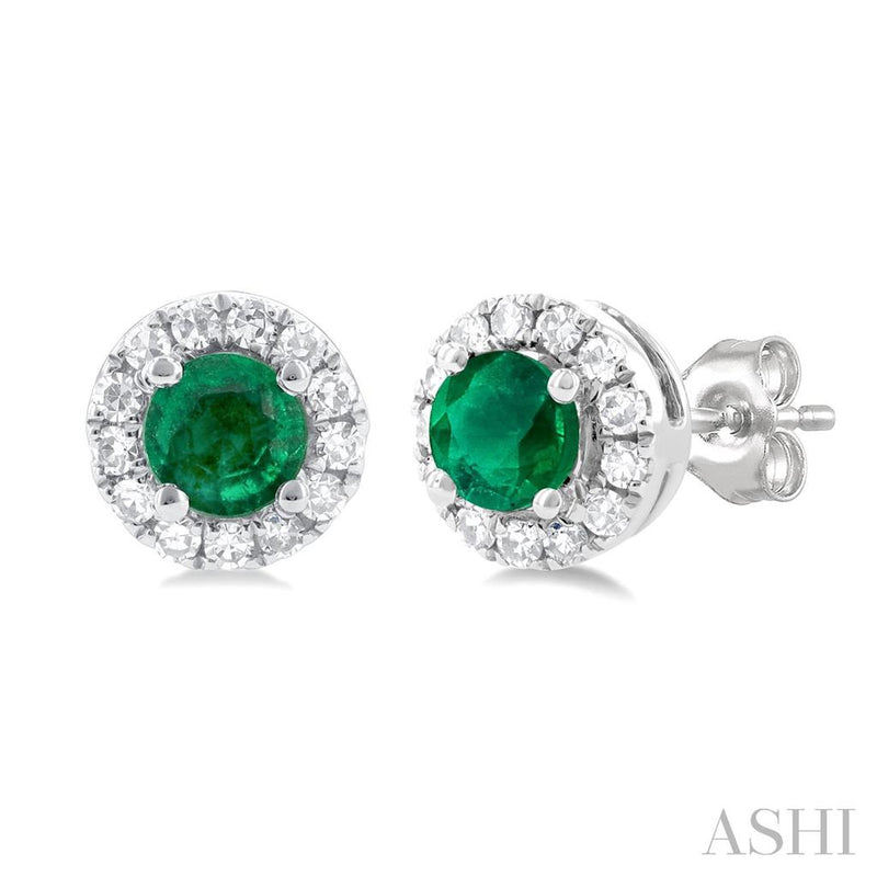 Davis Classics 14k White Gold Emerald and Diamond Halo Stud Earrings