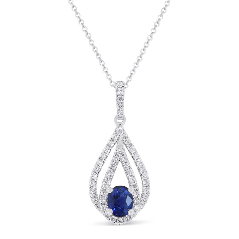 Madison L 14k White Gold Double Open Teardrop Blue Sapphire and Diamond Pendant Necklace