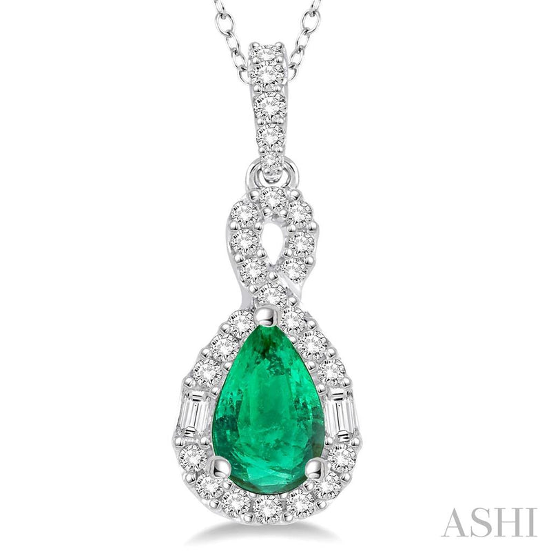 Davis Classics 14k White Gold Teardrop Halo Emerald and Diamond Pendant Necklace