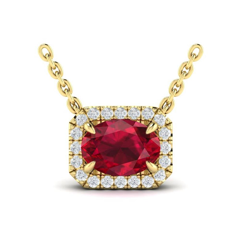 Vlora 14k Yellow Gold Adella Color Collection Ruby and Diamond East/West Halo Pendant Necklace