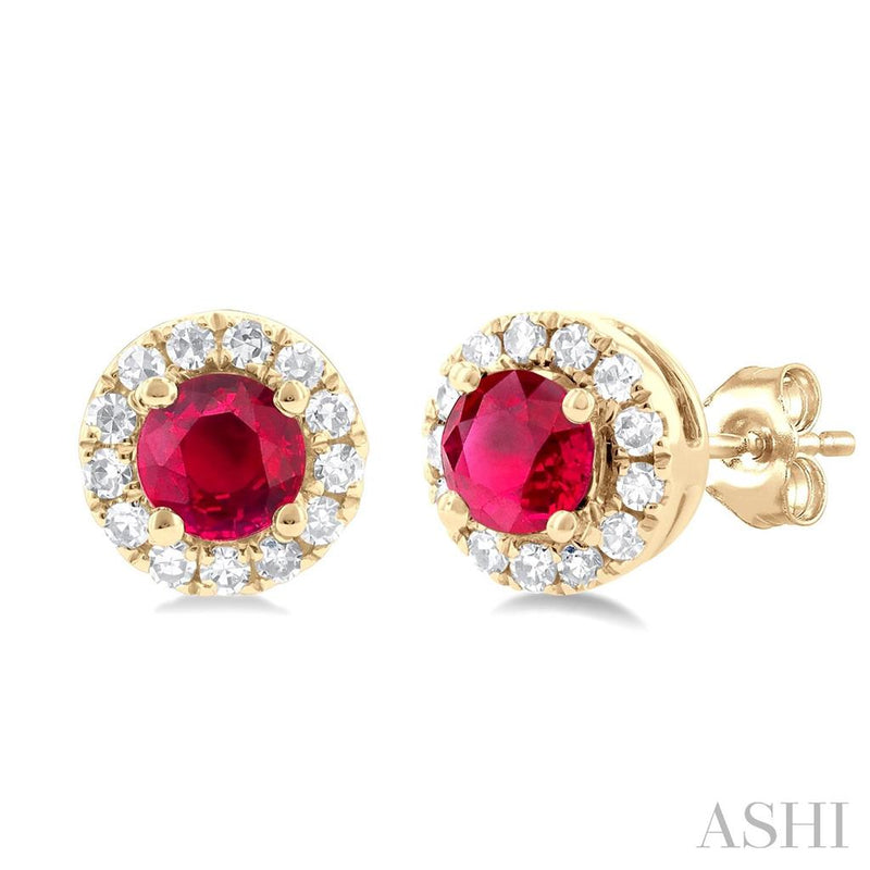 Davis Classics 14k Yellow Gold Ruby and Diamond Halo Stud Earrings