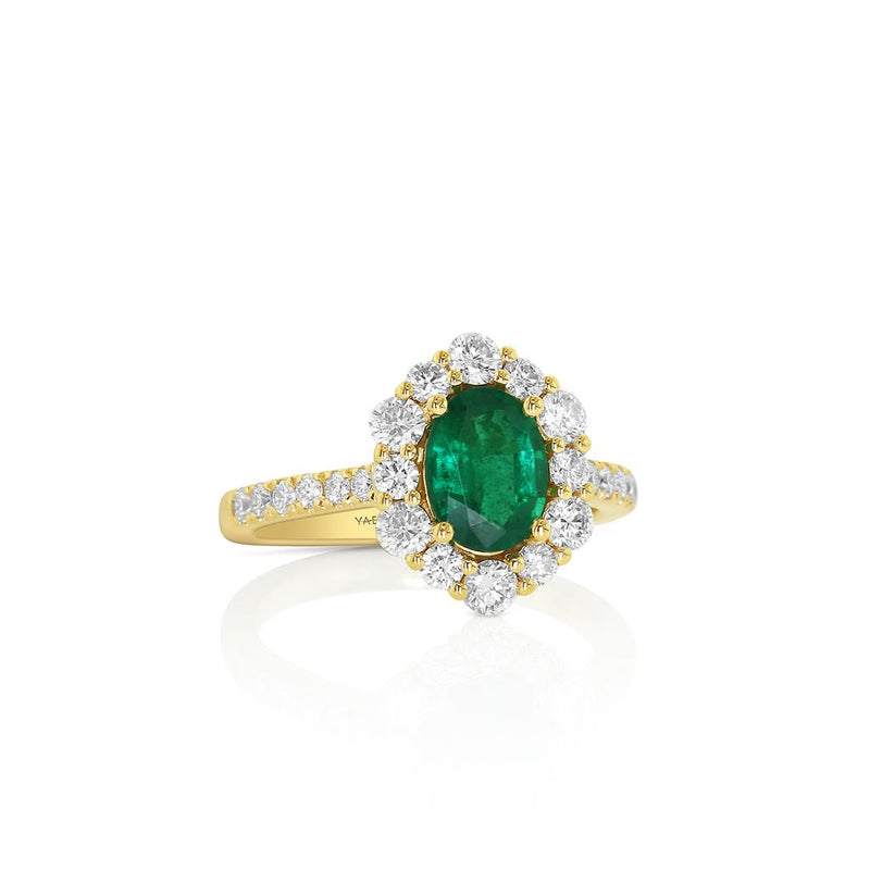 Yael Designs 18k Yellow Gold Emerald and Diamond Halo Fashion Ring