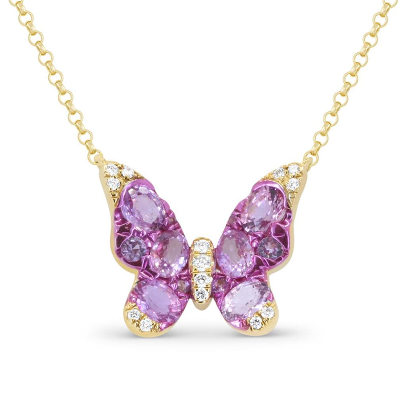 Madison L 14k Yellow Gold Adjustable 16-18" Butterfly Design Pink Sapphire and Diamond Pendant Necklace