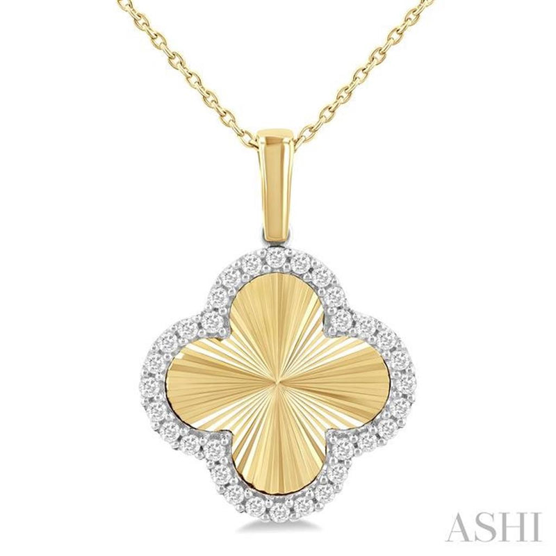 Davis Classics 14k Yellow and White Gold Diamond Halo Fluted Clover Pendant Necklace