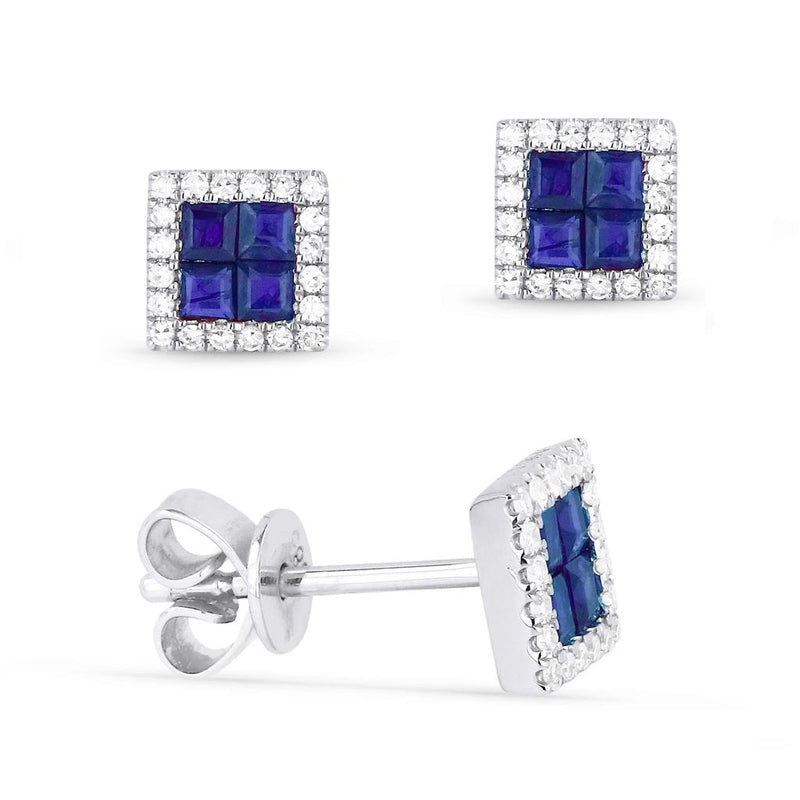 Madison L 14k White Gold Square Blue Sapphire and Diamond Stud Earrings