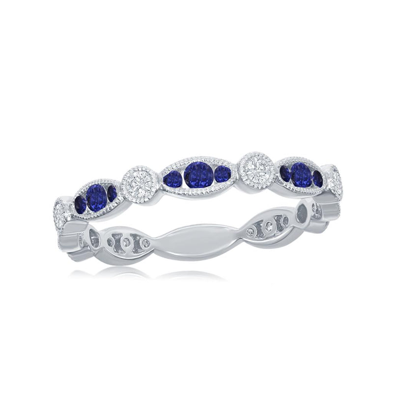 Davis Classics 18k White Gold Station Style Ceylon Blue Sapphire and Diamond Stackable Band with Milgrain Detail