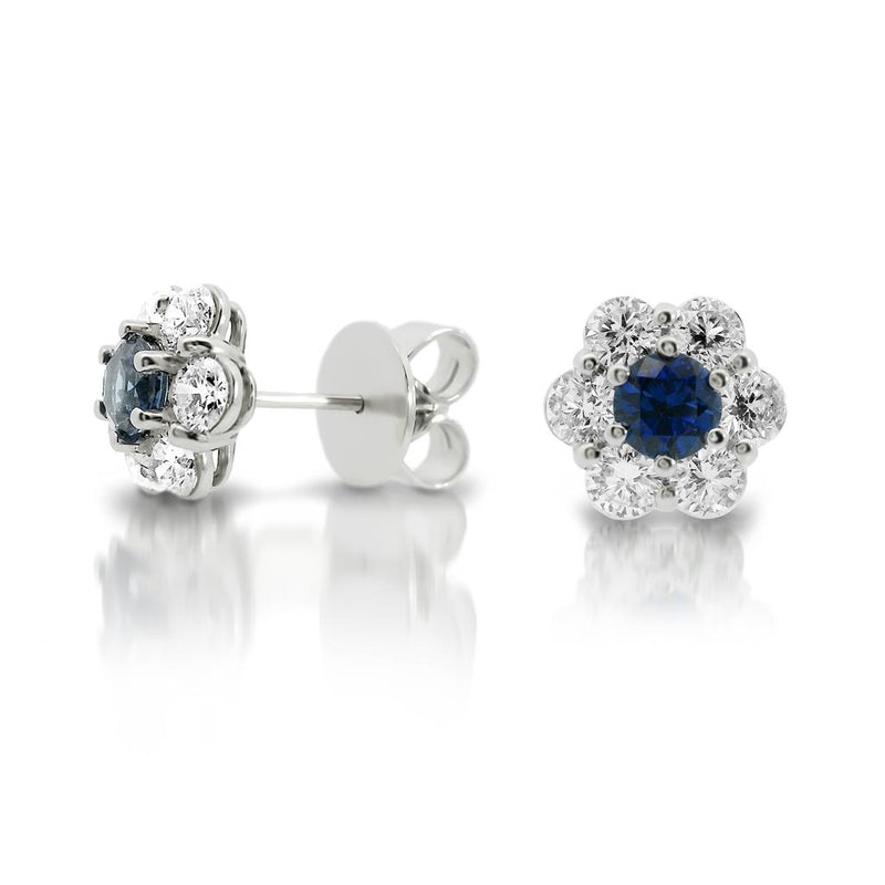 Davis Classics 18k White Gold Floral Halo Ceylon Blue Sapphire and Diamond Stud Earrings