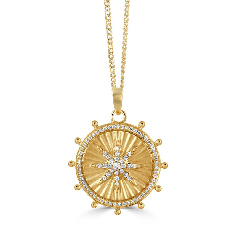 Doves 18k Yellow Gold Celestia Collection Sunray Ship's Wheel Diamond Pendant Necklace